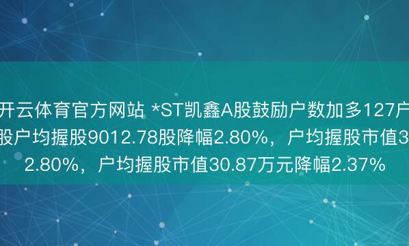 开云体育官方网站 *ST凯鑫A股鼓励户数加多127户增幅2.88%,流畅A股户均握股9012.78股降幅2.80%,户均握股市值30.87万元降幅2.37%