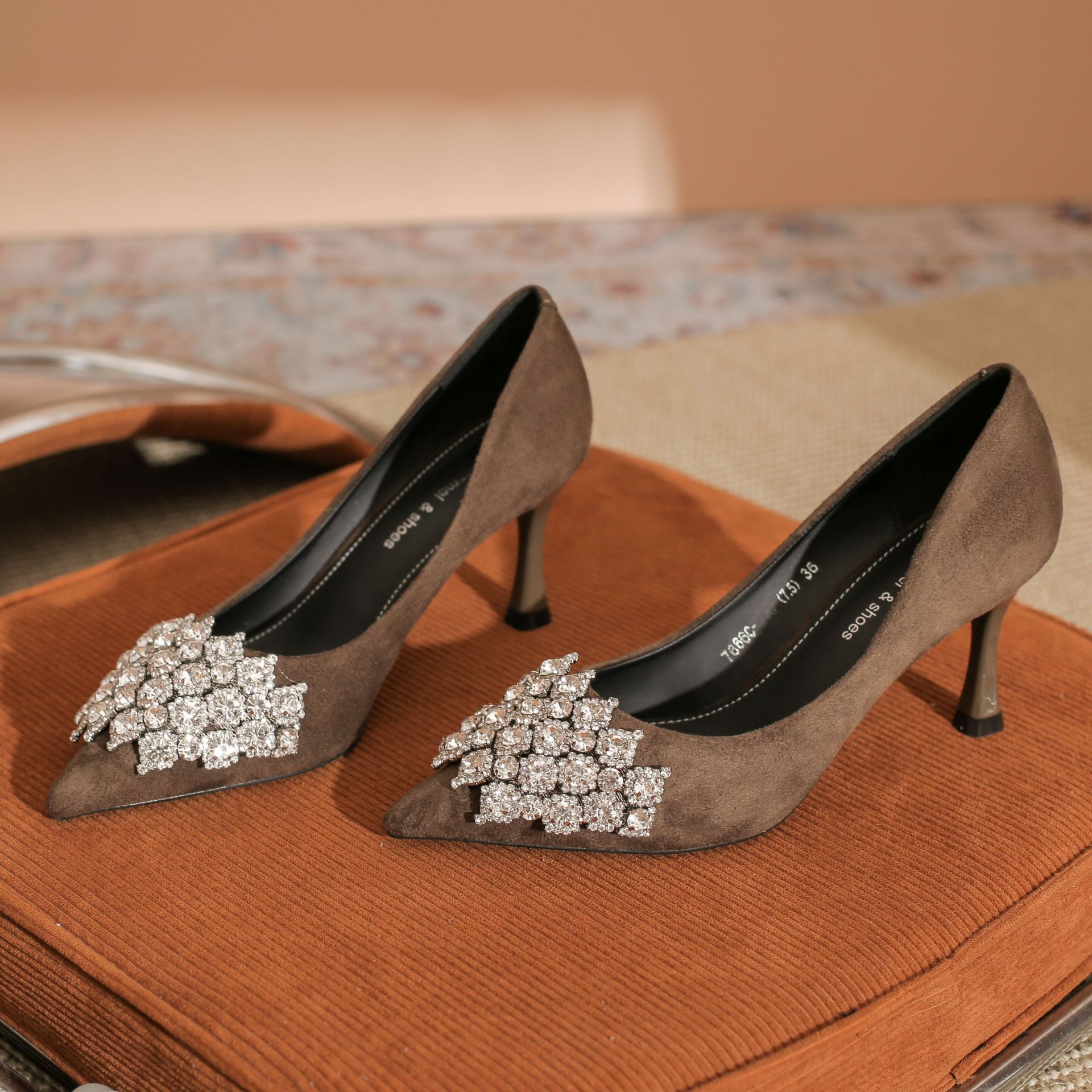 7666C-121 Velvet Rhinestone Office Heels