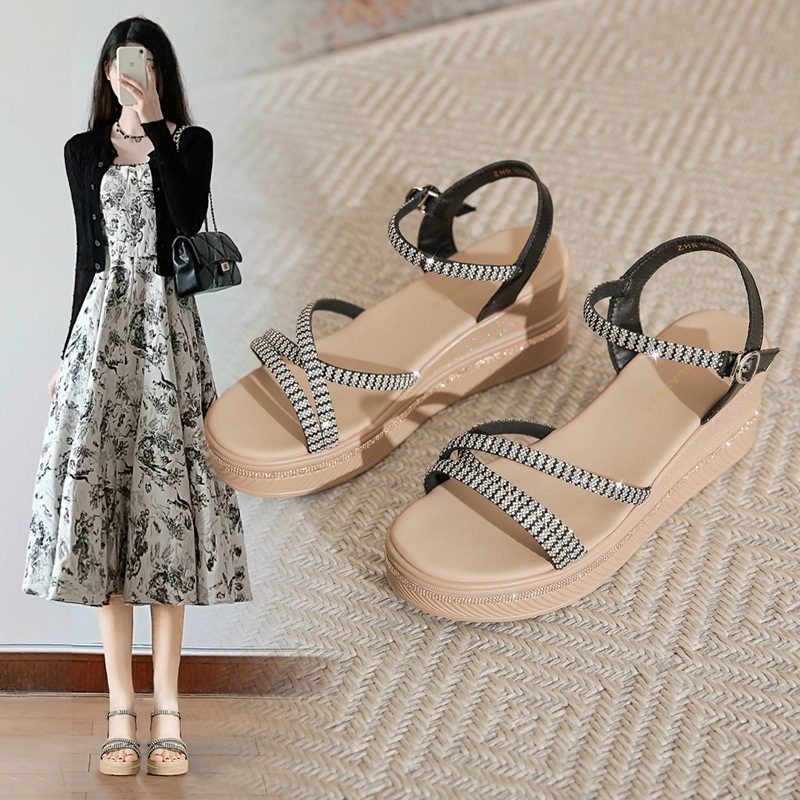 ZHR 2024 French Thick-Soled Rhinestone Wedge Sandals for Women