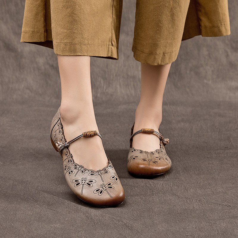 2025 Leather Round Toe Bean Low Heel
