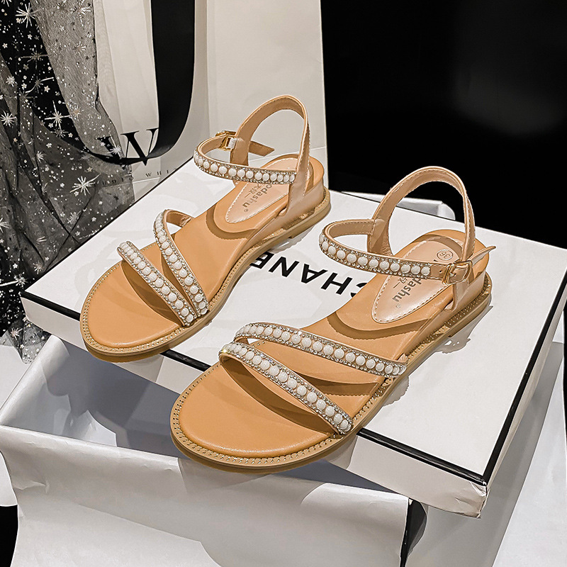 Summer pearl rhinestone wedge-heel ladies' sandals