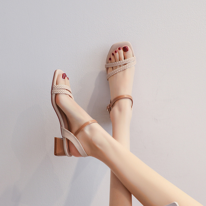 Summer braided thick-heeled fairy sandals