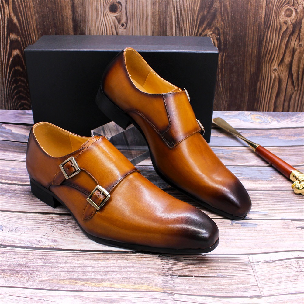 Brown/Black Pointed Leather Monk, Handmade