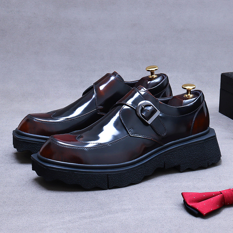 Men's Korean Patent Leather Monk Shoes, Thick Sole