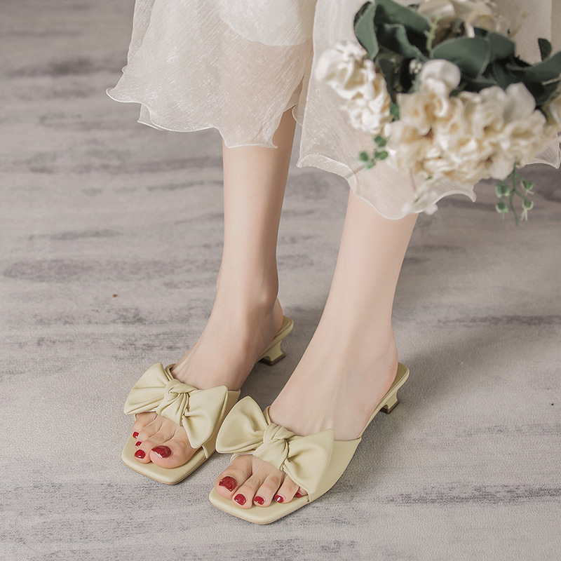325 French Thick-Heeled Bowknot Half-Slip Sandals for Women