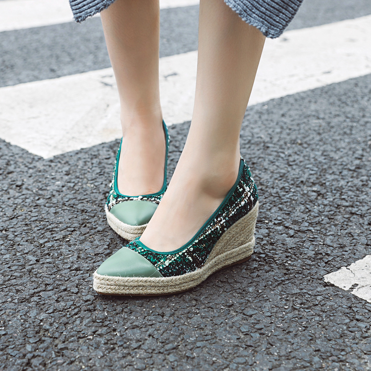 Summer Pointed Toe Straw Accent Heel Shoes