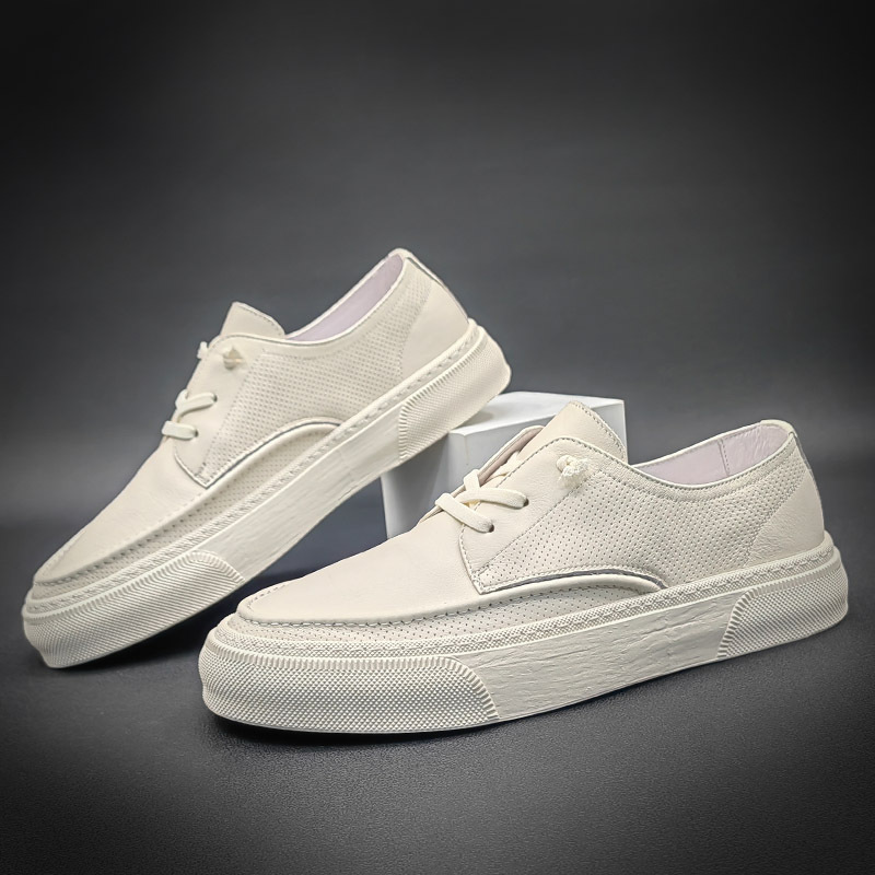 Casual Men's Shoes, Top Grain Leather, Summer White Sneakers