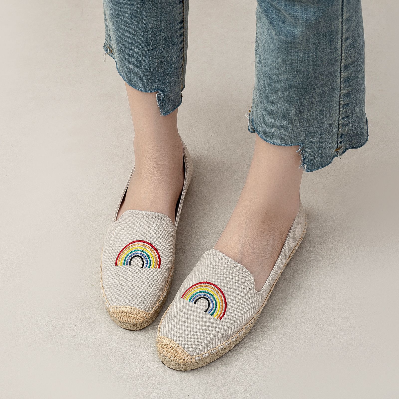 Spring Summer Rainbow Embroidered Straw Shoes