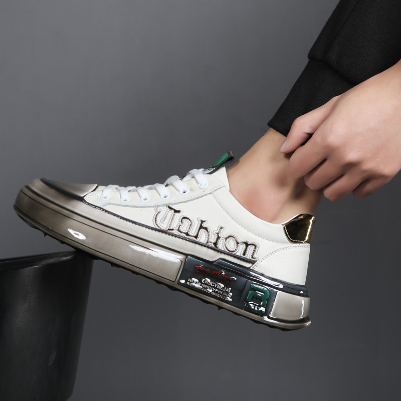 Men's new 2025 breathable shoes, genuine leather white sneakers, skate shoes