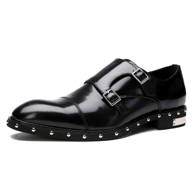 Cross-border large-size business three-section double buckle commuter leather shoes