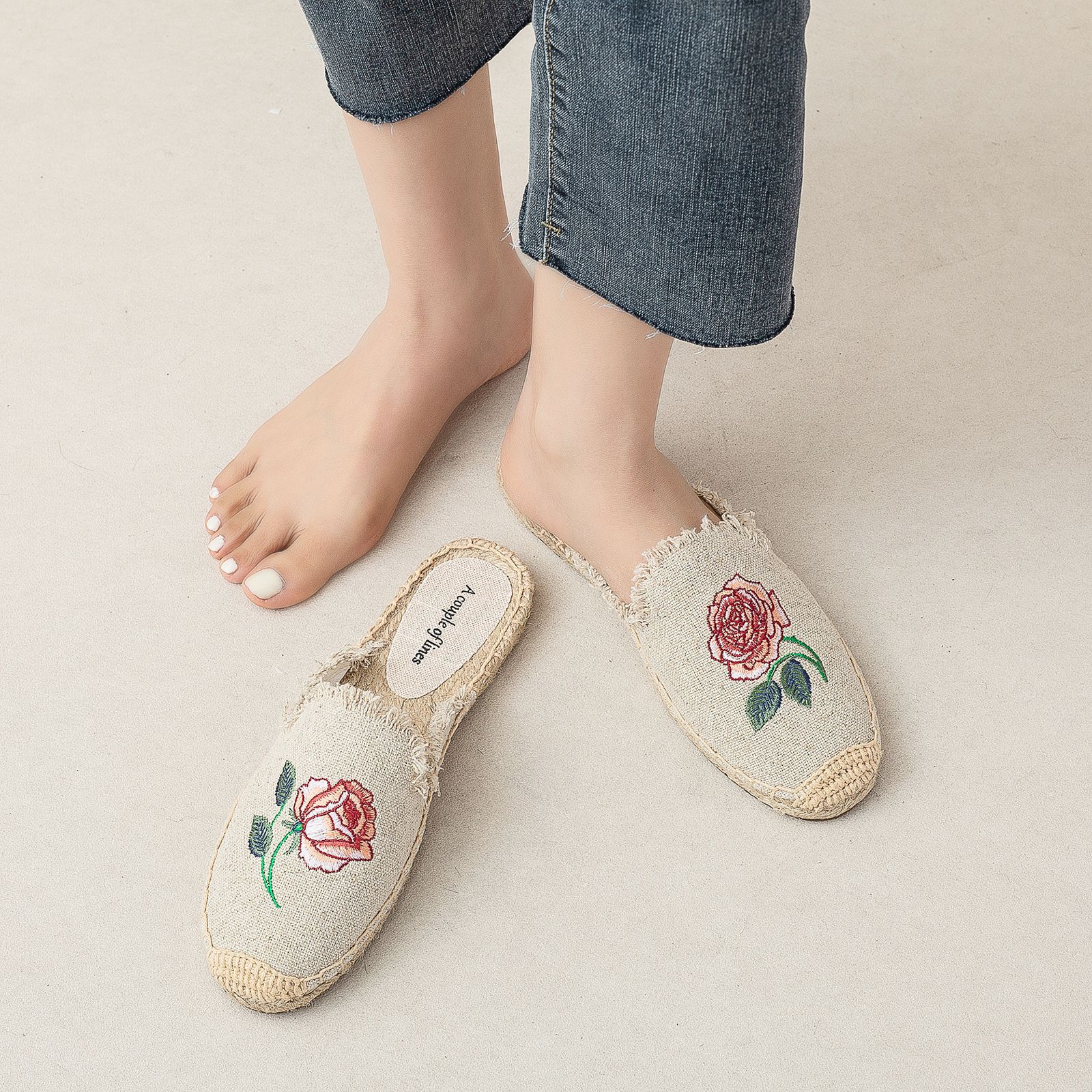 Summer New Linen Embroidered Straw Half Slippers