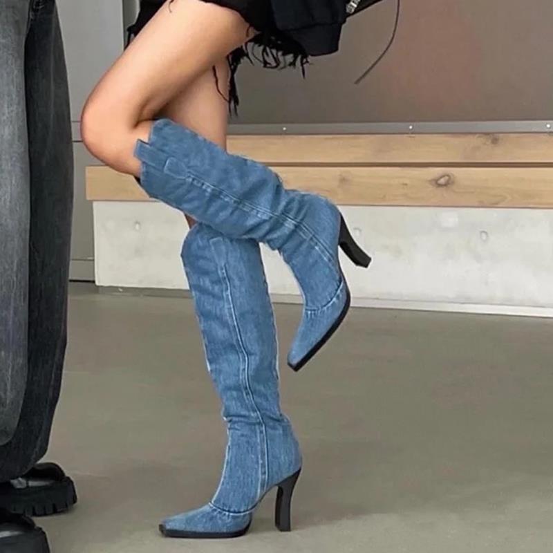 In - stock Blue Western Cowboy Pointed - toe Boots