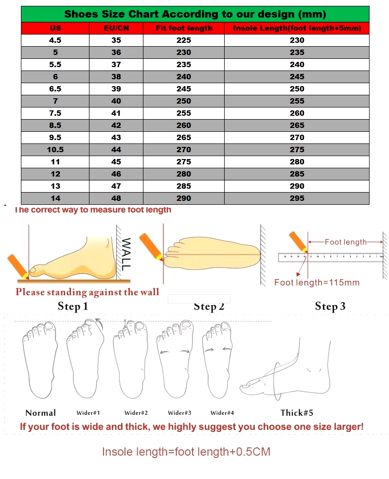Shoes Size chart according to out desing (mm)